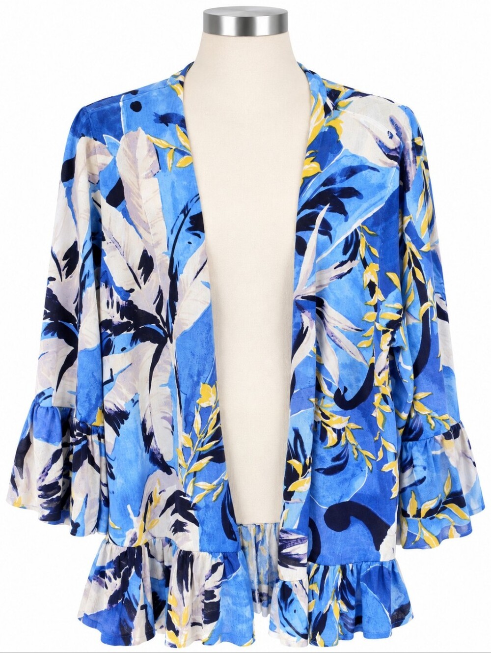 Chicos Blue Cream Tropical Leaf Open Front Cardigan Ruffle Sweater Jacket Sz 1 M
